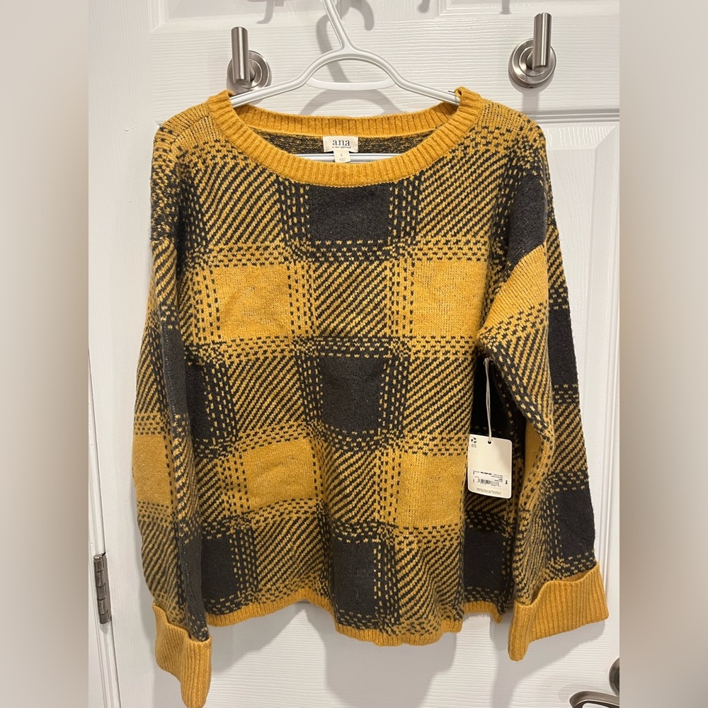 NWT Ana Women's Mustard and Charcoal Checkered Sweater L
